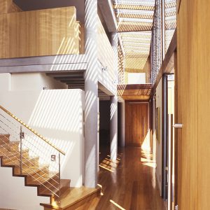 A beautifully crafted wooden staircase inside a house